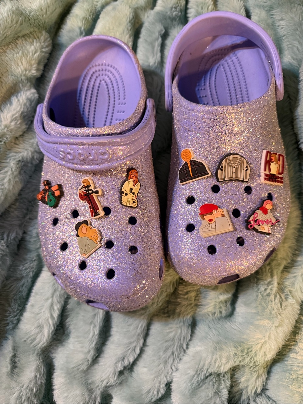 Lilac Glitter crocs Shoes with Taylor swift inspired Jibbitz